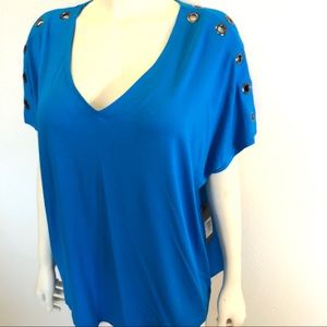 Cyrus Maison Blue Grommet Short Sleeve Top Size 1X